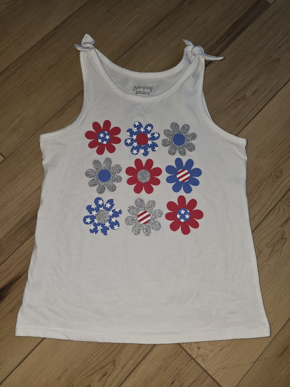 jumping beans White Tank Top with Red, Blue & Silver Flower Motif